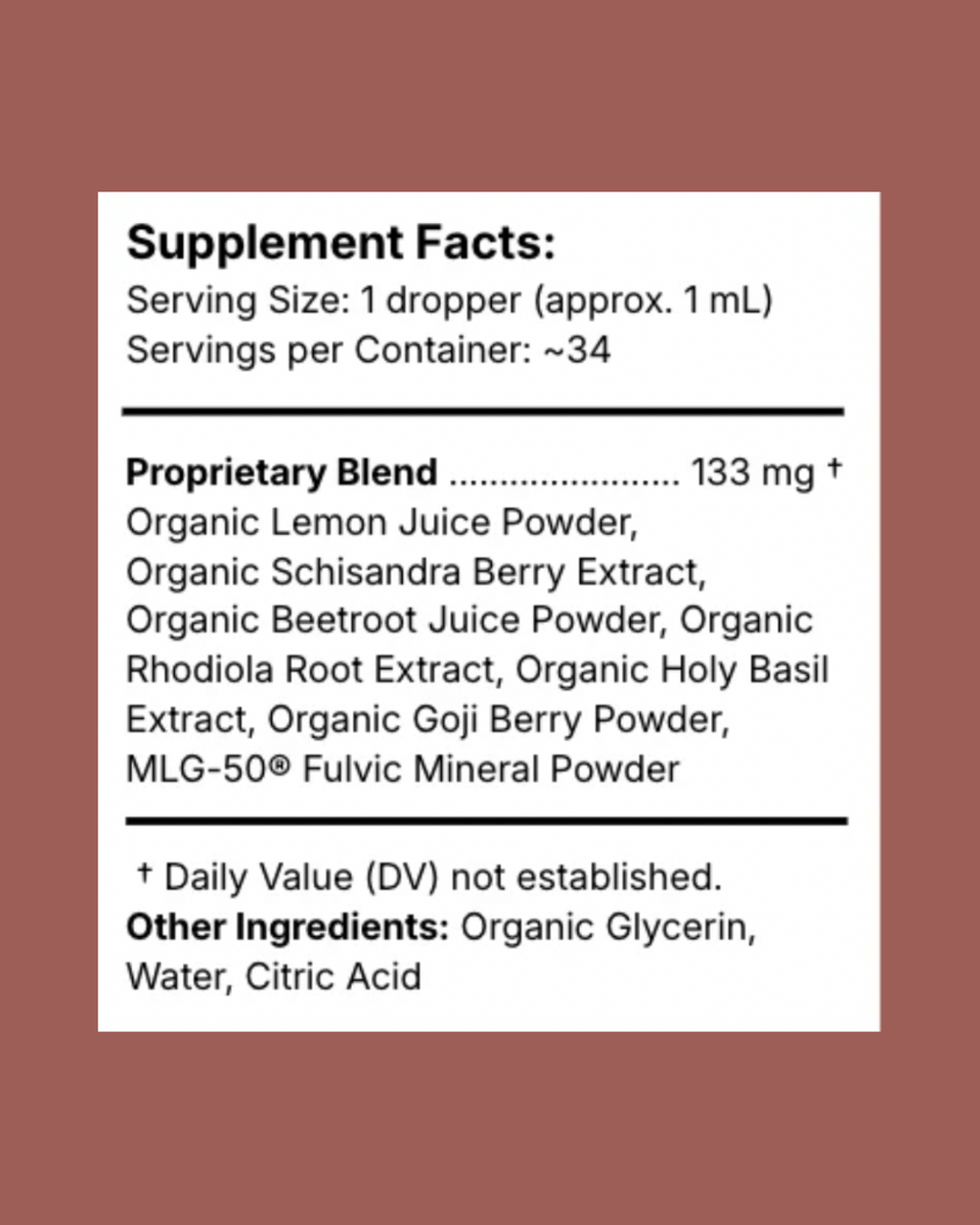 Supplement facts for Glimmer Glow Drops
