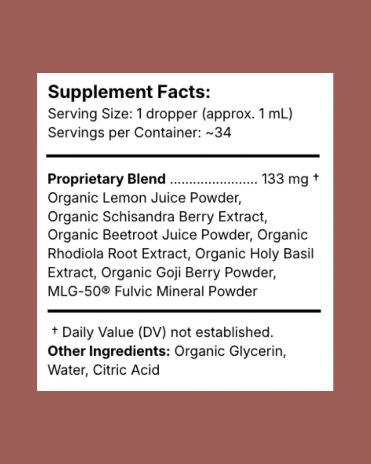 Supplement facts for Glimmer Glow Drops