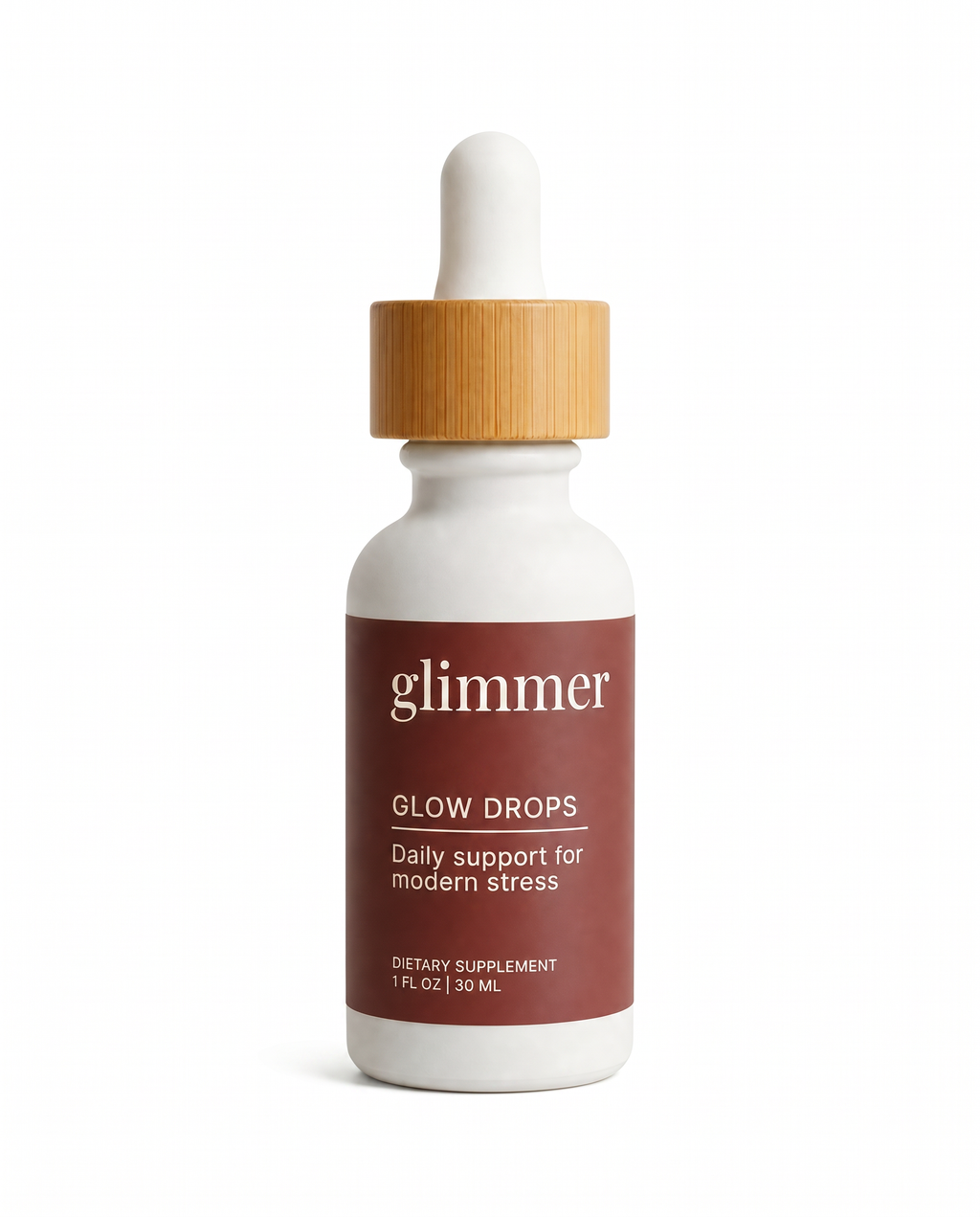 White glass dropper bottle of Glimmer Glow Drops with rose label and bamboo cap