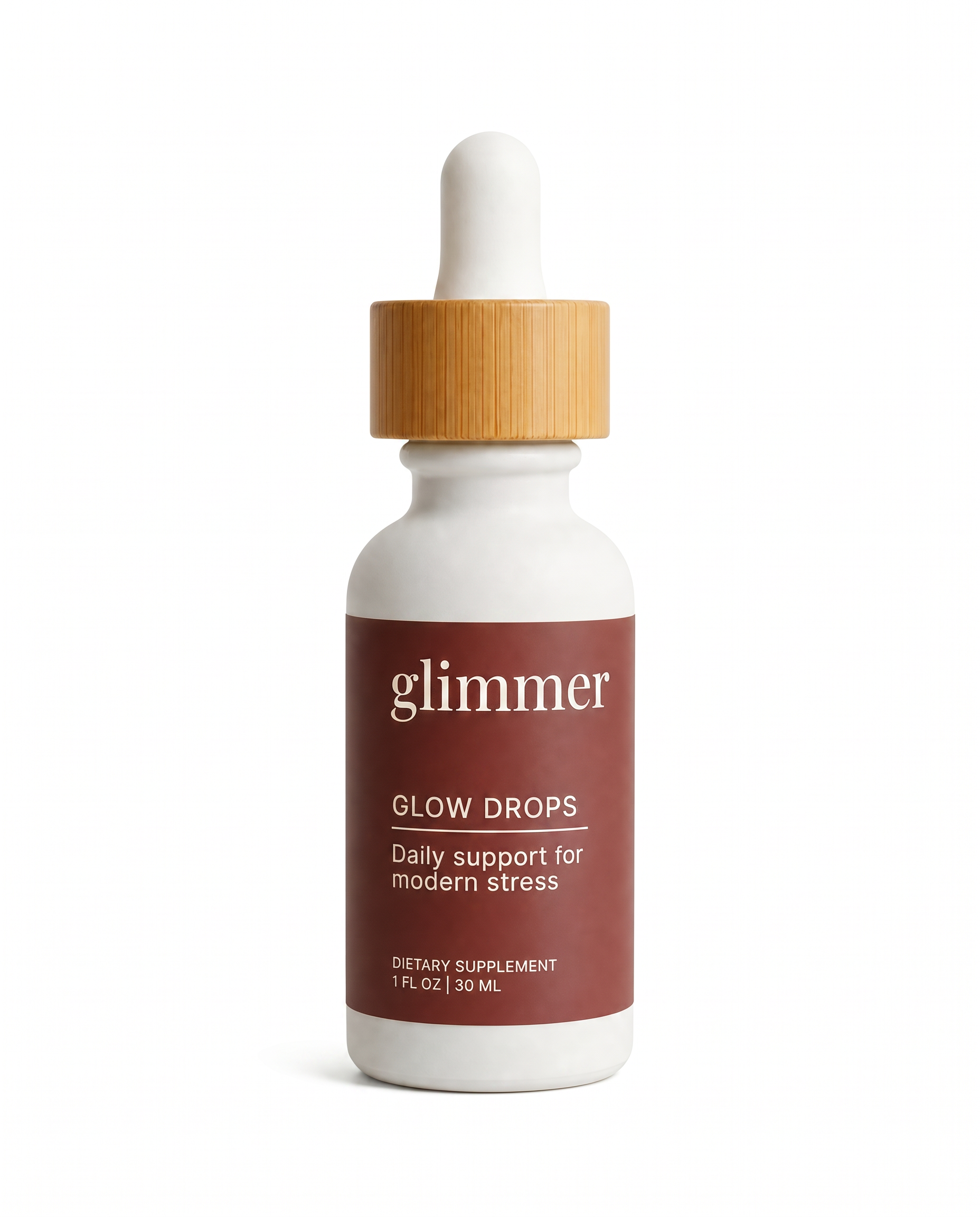 White glass dropper bottle of Glimmer Glow Drops with rose label and bamboo cap